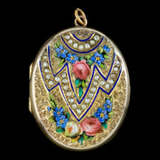 Antique Victorian Floral Pearl Enamel Locket 9ct Gold Circa 1880