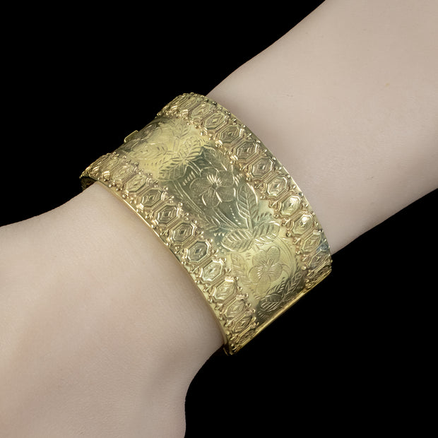 Antique Victorian Forget Me Not Cuff Bangle Silver 18ct Gold Gilt Dated 1883