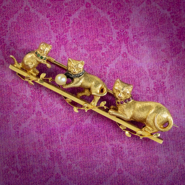 Antique Victorian French Cat Brooch Gemstone Collars 18ct Gold Circa 1900 cover