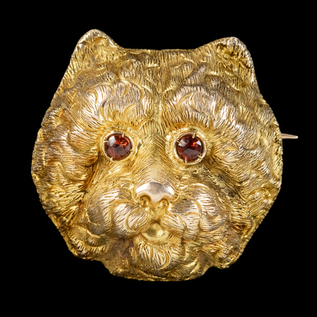 Antique Victorian French Cat Brooch Garnet Eyes 18ct Gold Circa 1880