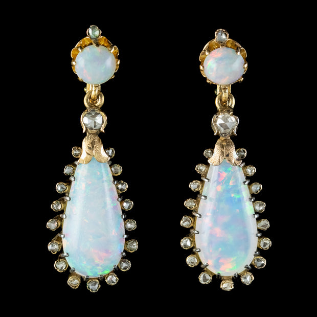 Antique Victorian French Opal Diamond Drop Earrings 18ct Gold