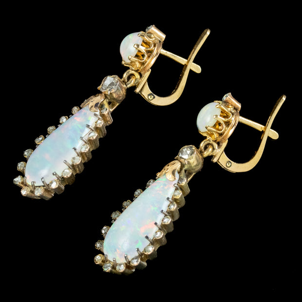 Antique Victorian French Opal Diamond Drop Earrings 18ct Gold
