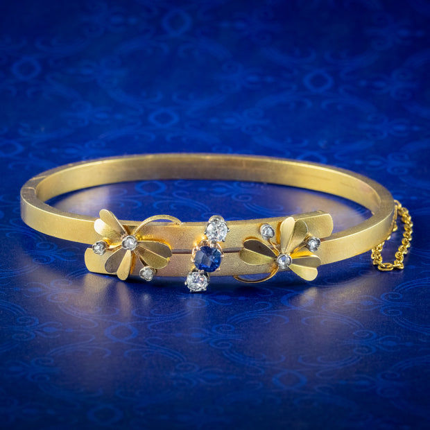 Antique Victorian French Sapphire Diamond Shamrock Bangle 18ct Gold