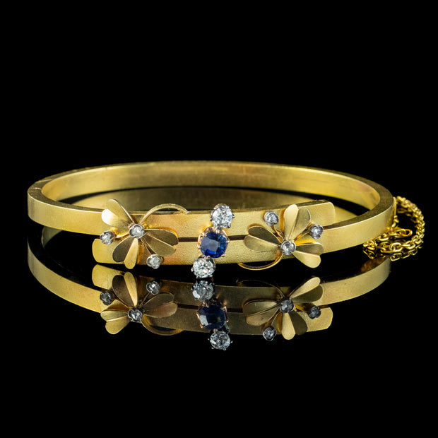 Antique Victorian French Sapphire Diamond Shamrock Bangle 18ct Gold