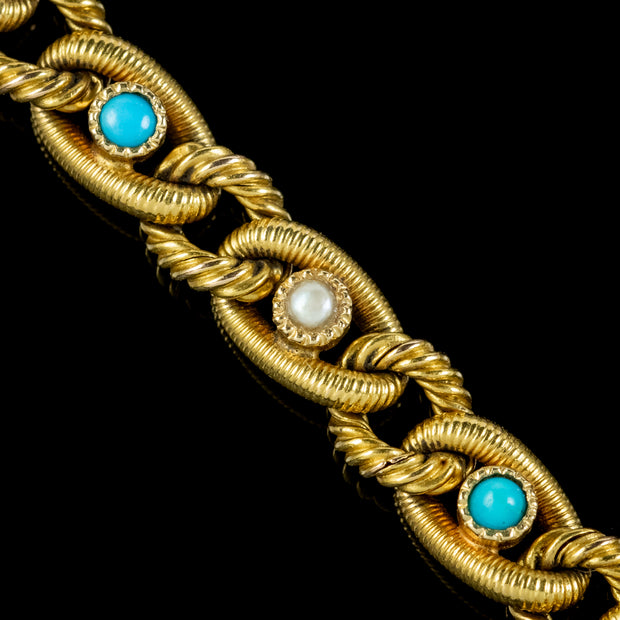 Antique Victorian French Turquoise Pearl Bracelet 18ct Gold Circa 1900