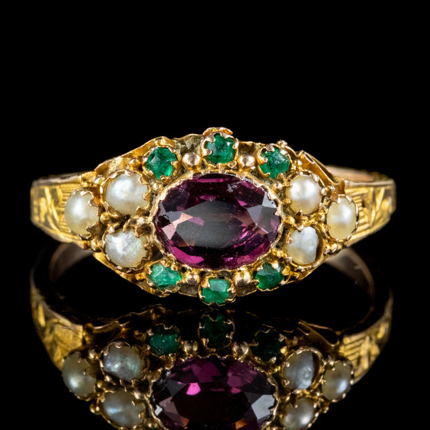 Antique Victorian Garnet Pearl Cluster Ring Circa 1890