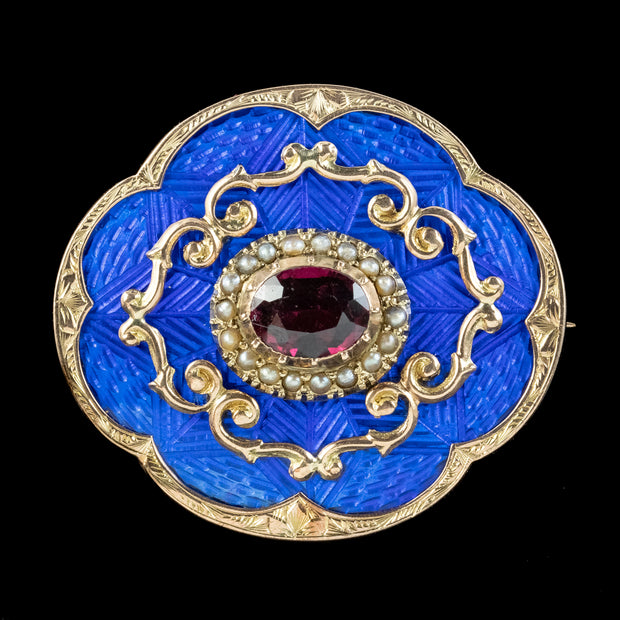 Antique Victorian Guilloche Enamel Garnet Pearl Locket Brooch 9ct Gold