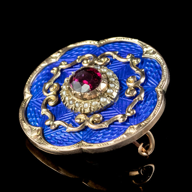 Antique Victorian Guilloche Enamel Garnet Pearl Locket Brooch 9ct Gold