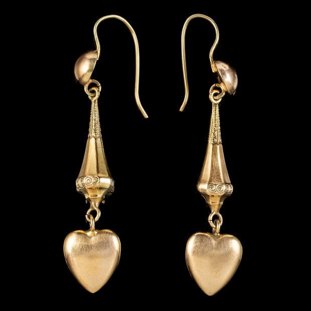Antique Victorian Heart Drop Earrings 9ct Gold Circa 1880