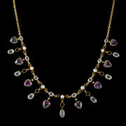 Antique Victorian Heart Dropper Necklace Aquamarine Garnet Pearl 15ct Gold