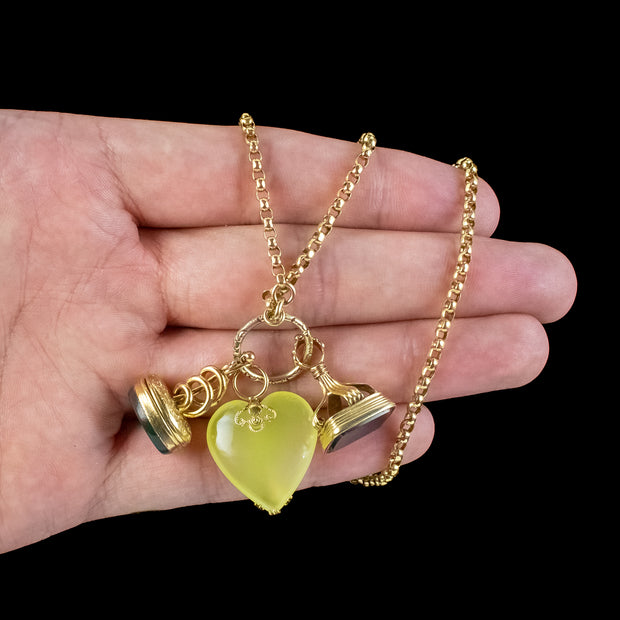 Antique Victorian Intaglio Fob And Heart Charm Necklace 18ct Gold Chain