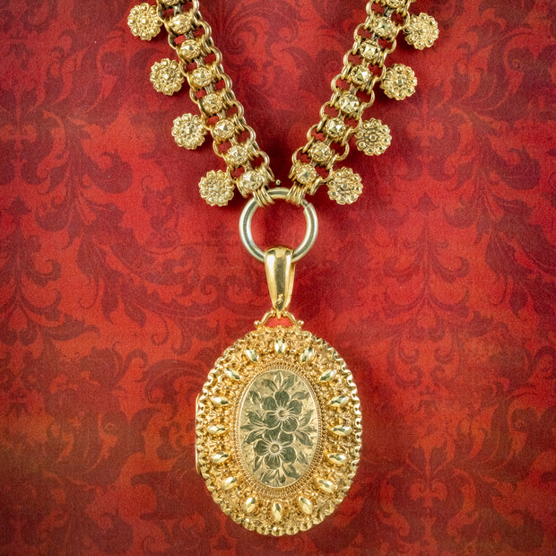 Antique Victorian Floral Locket And Collar Necklace Silver 18ct Gold Gilt