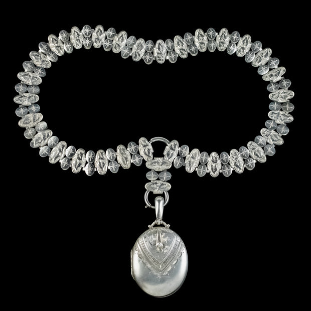 Antique Victorian Locket And Collar Necklace Sterling Silver Dated 1882