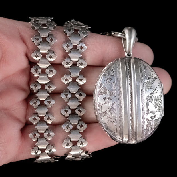 Antique Victorian Locket Collar Necklace Silver Circa 1890