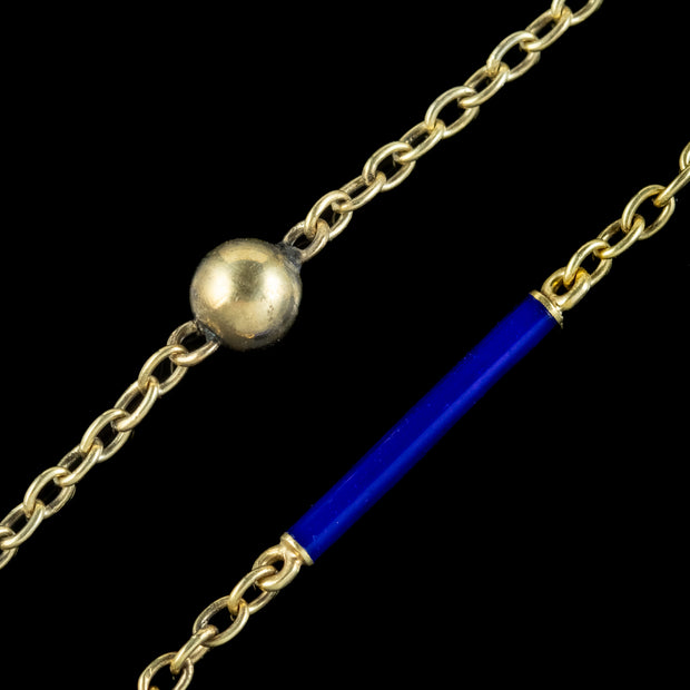 Antique Victorian Long Chain 9ct Gold Blue Enamel 