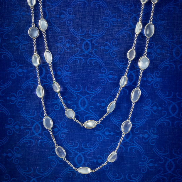 Antique Victorian Long Moonstone Chain Necklace Silver Circa 1900