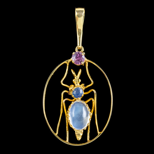 Antique Victorian Moonstone Amethyst Sapphire Insect Pendant 15ct Gold