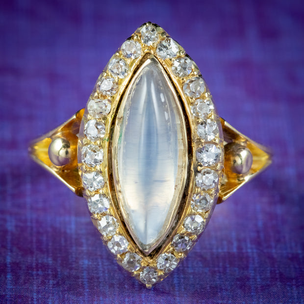 Antique Victorian Moonstone Diamond Navette Ring 2.20ct Moonstone
