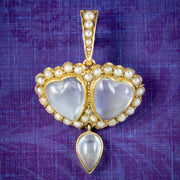 Antique Victorian Moonstone Pearl Double Heart Pendant 18ct Gold 