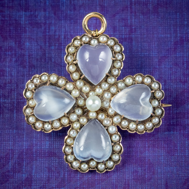 Antique Victorian Moonstone Pearl Heart Four Leaf Clover Brooch 15ct GoldAntique Victorian Moonstone Pearl Heart Four Leaf Clover Brooch 15ct Gold