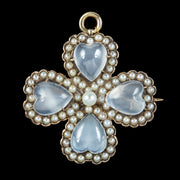 Antique Victorian Moonstone Pearl Heart Four Leaf Clover Brooch 15ct Gold