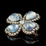 Antique Victorian Moonstone Pearl Heart Four Leaf Clover Brooch 15ct Gold