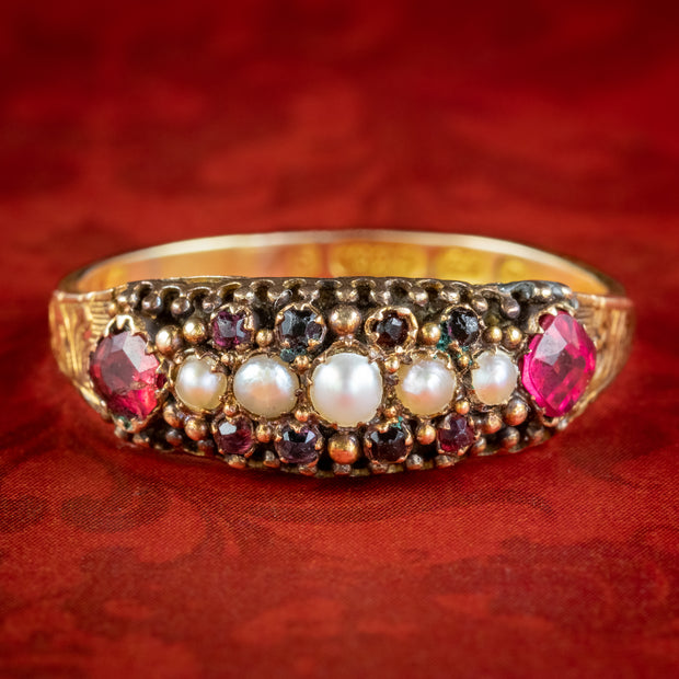 Antique Victorian Mourning Pearl Garnet Cluster Ring Dated 1876