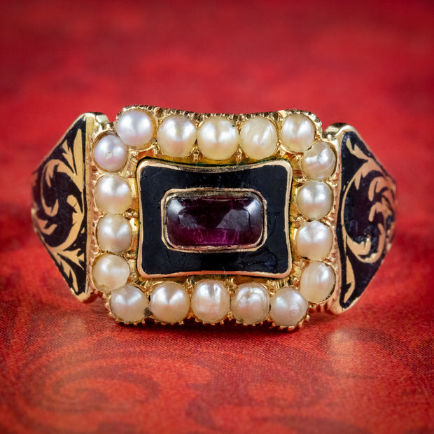 Antique Victorian Mourning Ring Garnet Pearl Betty Nath Dated 1842
