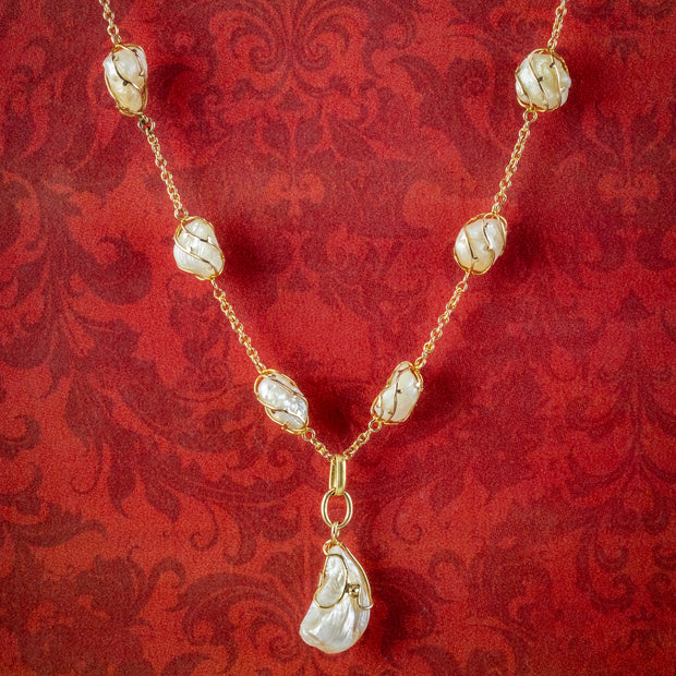 Antique Victorian Natural Baroque Pearl Pendant Necklace 15ct Gold
