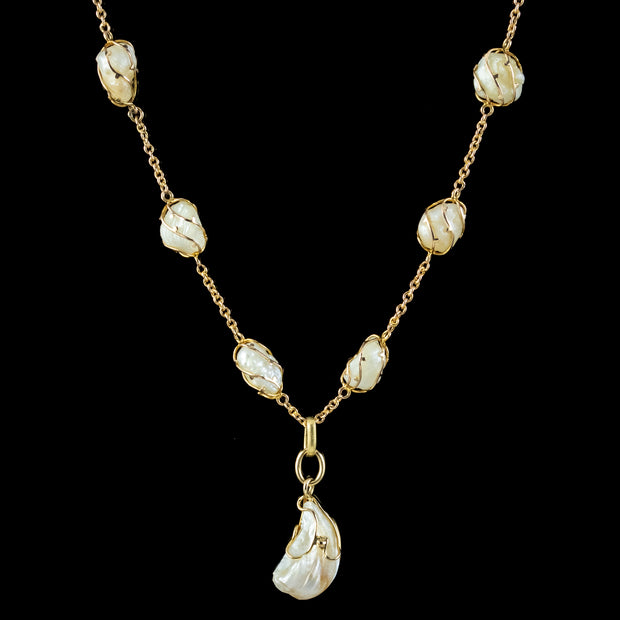 Antique Victorian Natural Baroque Pearl Pendant Necklace 15ct Gold