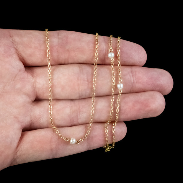 Antique Victorian Natural Pearl Chain Necklace 15ct Gold Circa 1900