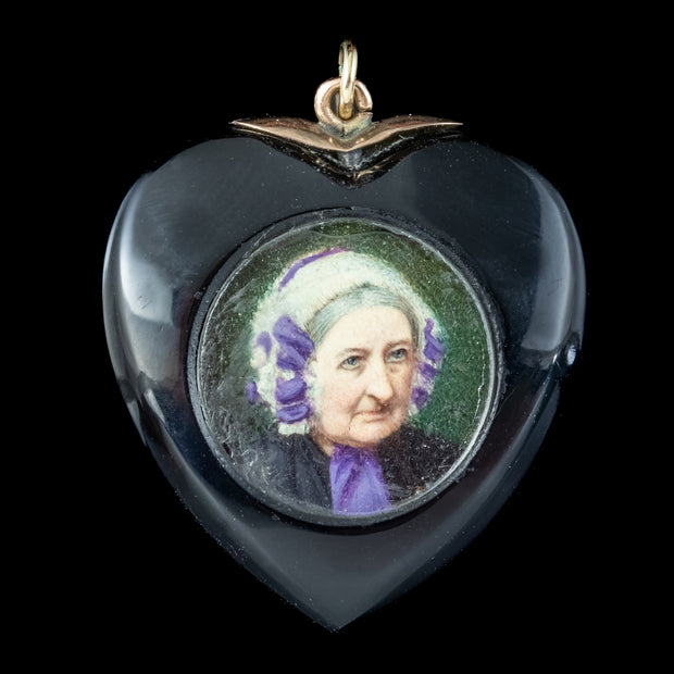 Antique Victorian Onyx Pearl Mourning Heart Locket With Portrait