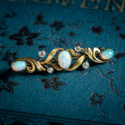 Antique Edwardian Opal Diamond Brooch 15ct Gold Boxed Circa 1905