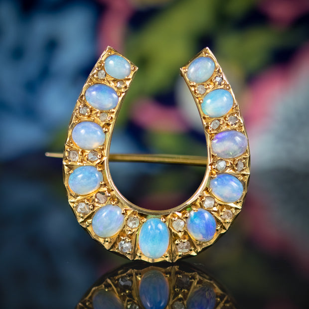 Antique Victorian Opal Diamond Horseshoe Brooch 15ct Gold 
