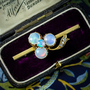 Antique Victorian Opal Diamond Shamrock Bar Brooch 18ct Gold