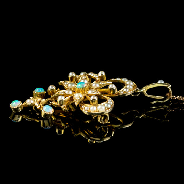 Antique Victorian Opal Pearl Pendant Necklace 15ct Gold Circa 1900