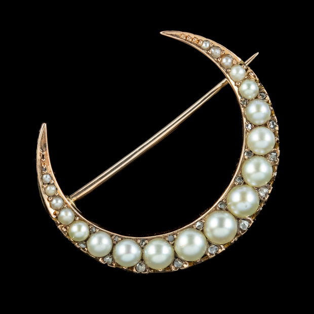 Antique Victorian Pearl Diamond Crescent Moon Brooch 18ct Gold