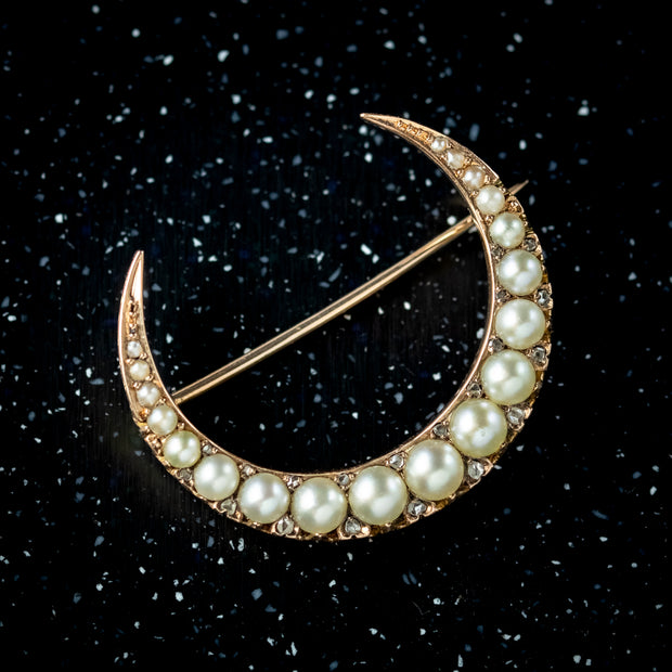 Antique Victorian Pearl Diamond Crescent Moon Brooch 18ct Gold