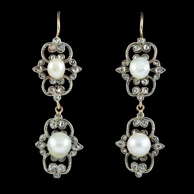 Antique Victorian Pearl Diamond Drop Earrings 
