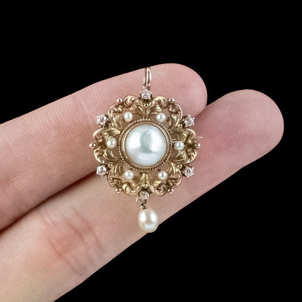 Antique Victorian Pearl Diamond Pendant Brooch 18ct Gold hand
