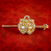 Antique Victorian Pearl Entwined Heart Bar Brooch 15ct Gold With Box