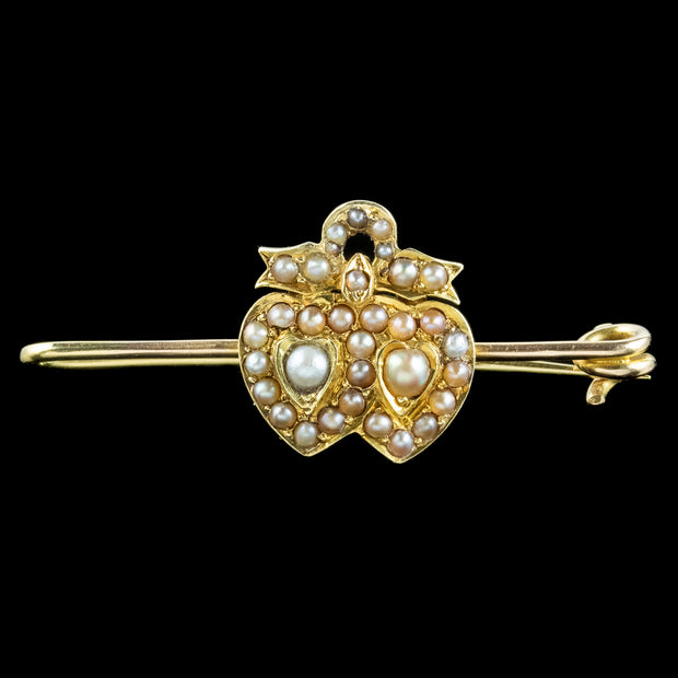 Antique Victorian Pearl Entwined Heart Bar Brooch 15ct Gold With Box