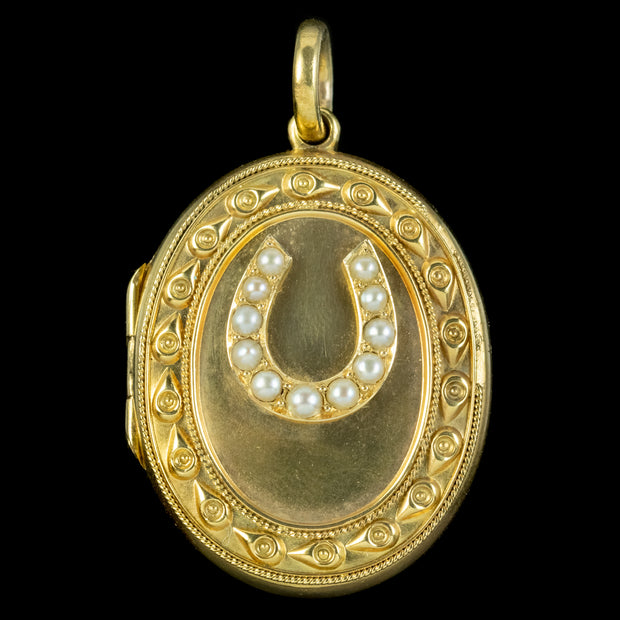 Antique Victorian Pearl Horseshoe Locket 15ct Gold Circa 1890