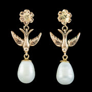 Antique Victorian Pearl Swallow Drop Earrings 15ct Gold