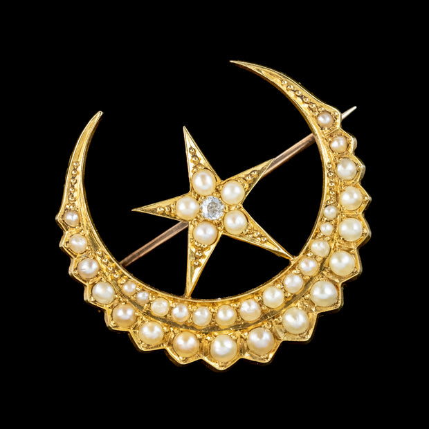 Antique Victorian Pearl Diamond Crescent Moon And Star Brooch 18ct Gold
