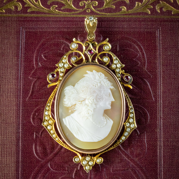 Antique Victorian Ruby Pearl Cameo Pendant 15ct Gold