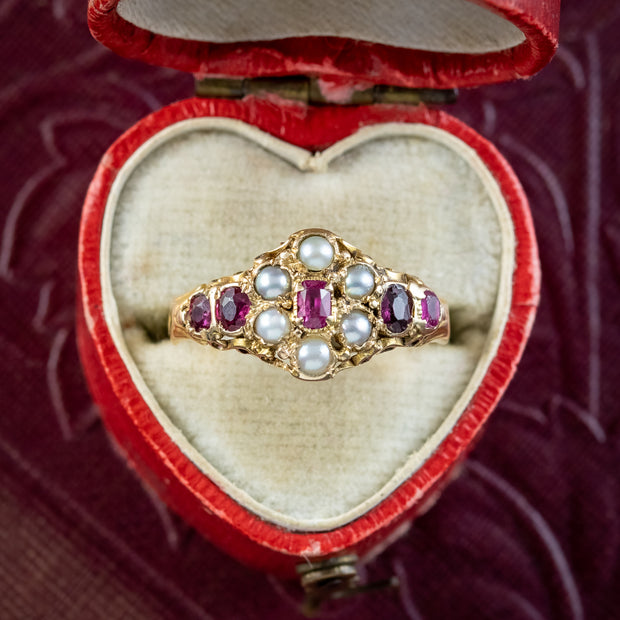 Antique Victorian Ruby Pearl Cluster Ring Dated 1870