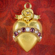 Antique Victorian Ruby Pearl Heart Pendant 15ct Gold Circa 1900