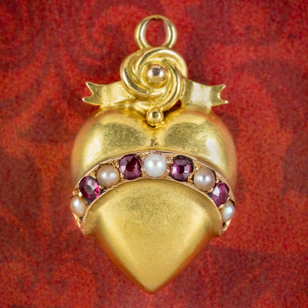 Antique Victorian Ruby Pearl Heart Pendant 15ct Gold Circa 1900