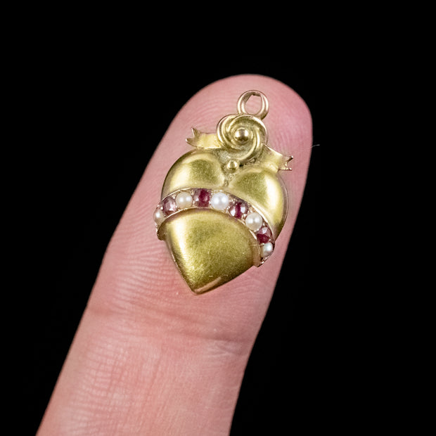 Antique Victorian Ruby Pearl Heart Pendant 15ct Gold Circa 1890